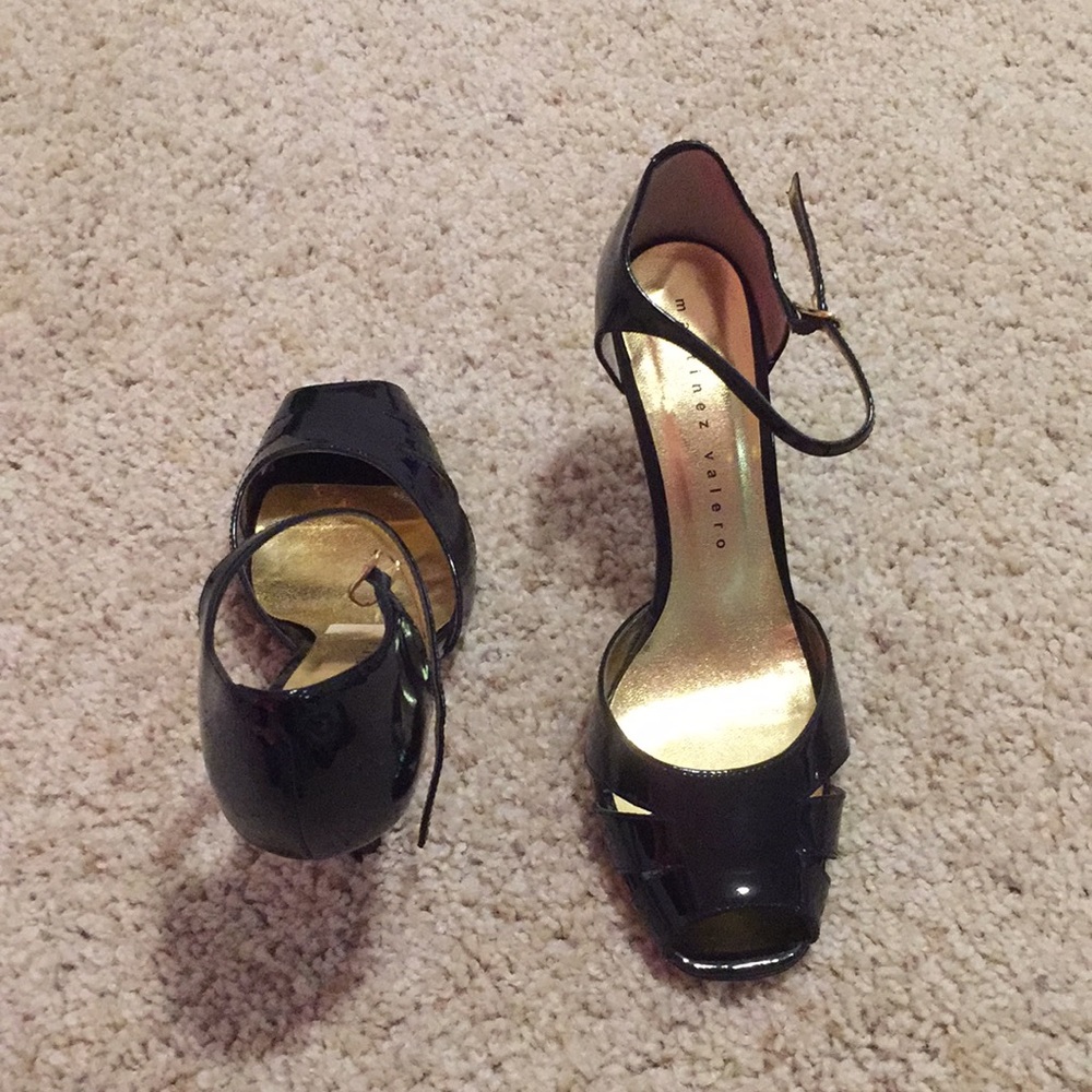 Martinez Valero black patent open toe heels